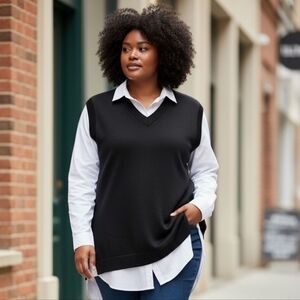 Indigo Rose Chic Black V-Neck Sweater Vest Connecter White Collar Shirt XL